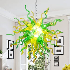 Bold Green & Yellow Blown Glass Chandelier – Artistic Statement Light Fixture D28&quot;XH28&quot;