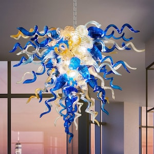 Blown Glass Chandelier Blue Gray Amber And Clear D32&quot;XH24&quot;