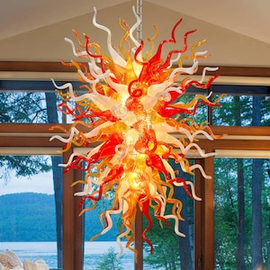Fiery Hand Blown Glass Chandelier – Red, Amber & White Art Light Fixture D32&quot;XH48&quot;