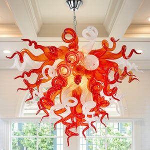 Murano- Style Blown Glass Chandelier Red And White D32&quot;XH20&quot;