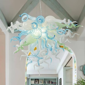 Murano Style Blown Glass Chandelier Blue Mint And White  D28&quot;XH20&quot;