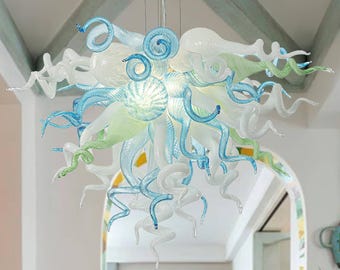 Murano Style Blown Glass Chandelier Blue Mint And White  D28&quot;XH20&quot;