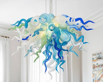Murano Style Blown Glass Chandelier Blue Turquoise Clear White And Mint D28&quot;XH20&quot;