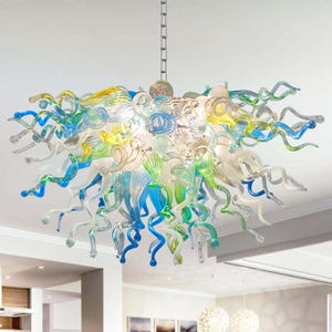 Hand Blown Glass Chandelier – 38inches Invert Cone Colorful Art Light Fixture – Whimsical Modern Statement Ceiling Light