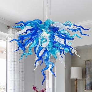Murano-Type Blue And White Blown Glass Chandelier With Curly Horn And Morning glory D28&quot;XH24&quot;