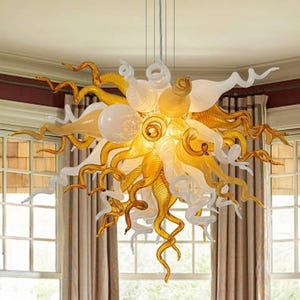 Murano Like Blown Glass Chandelier Amber And White D28&quot;XH20&quot;