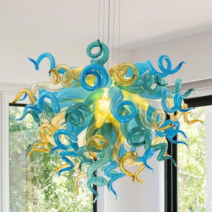 Murano-Style Blown Glass Chandelier Gold Turquoise And Teal D28&quot;XH20&quot;