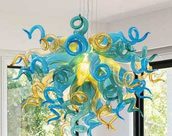 Murano-Style Blown Glass Chandelier Gold Turquoise And Teal D28&quot;XH20&quot;