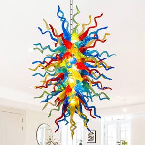Colorful Blown Glass Chandelier – Handcrafted Ceiling Light | Vibrant Art Glass Pendant D28&quot;XH48&quot;