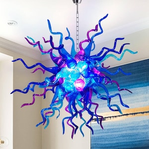 Sculptural Blown Glass Chandelier – Blue Teal Purple | Statement Ceiling Light for Living Room or Entryway 28&quot;X28&quot;