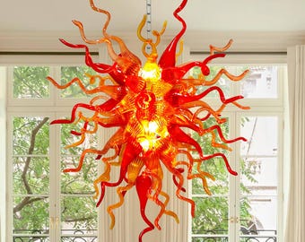 Handgeblasener Glas Kronleuchter: Dekorative feurige Rot & Bernstein Deckenleuchte (D72cmxH36cm)