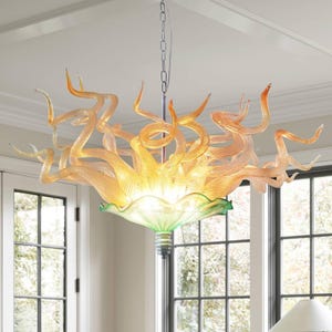 Flame and Flower-Inspired Handcrafted Blown Glass Lighting Fixture D36&quot; X H20&quot;