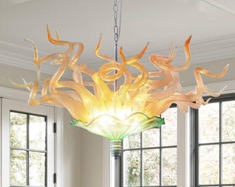 Flame and Flower-Inspired Handcrafted Blown Glass Lighting Fixture D36&quot; X H20&quot;