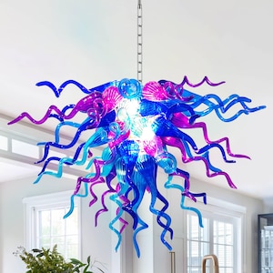 Sculptural Blown Glass Chandelier – Blue Teal Purple | Statement Ceiling Light for Living Room or Entryway 32&quot;X20&quot;