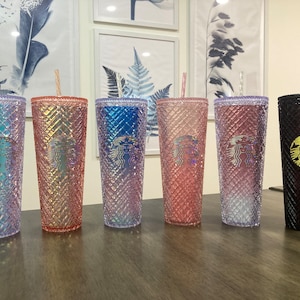 Jeweled Tumbler with DIY Starbucks Logo and Straw Topper Unicorn Color, Rose Gold, Pink Gold, Crystal Blue, Crystal Pink, Plum Black 24oz.