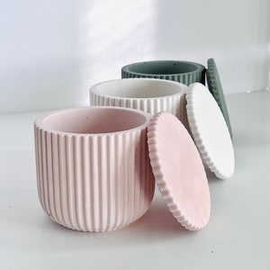 May include: Three ribbed concrete containers with lids. The containers are in shades of pink, white, and green. The lids are slightly raised and have a scalloped edge.