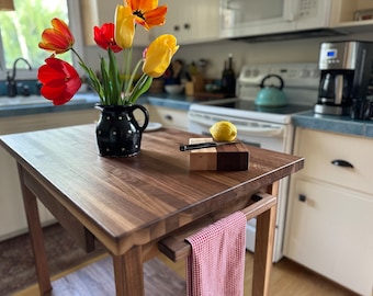 Butcher Block Kitchen Table in Black Walnut: Kitchen Island with Dovetailed Drawer, Towel Bar, Casters and Lower Shelf