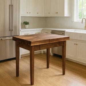 3” Thick Butcher Block Kitchen Island in Black Walnut: Kitchen Work Table, 3 inch Thick Top with Dovetailed Drawer and Towel Bar