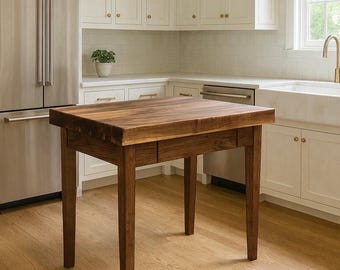 3” Thick Butcher Block Kitchen Island in Black Walnut: Kitchen Work Table, 3 inch Thick Top with Dovetailed Drawer and Towel Bar