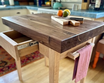 Walnut Butcher Block Kitchen Island: Red Oak Base, Dovetail Drawer and Towel Rack