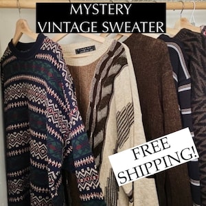1 MYSTERY Vintage 90s Grandpa Sweater grandma 80s 70s Patterned Brown Winter Warm Fall Oversized Large Medium colorful cardigan V-neck