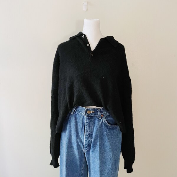 large | vintage 90s grandpa sweater henley button up down black knit textured cotton oversized collared mohair cashmere