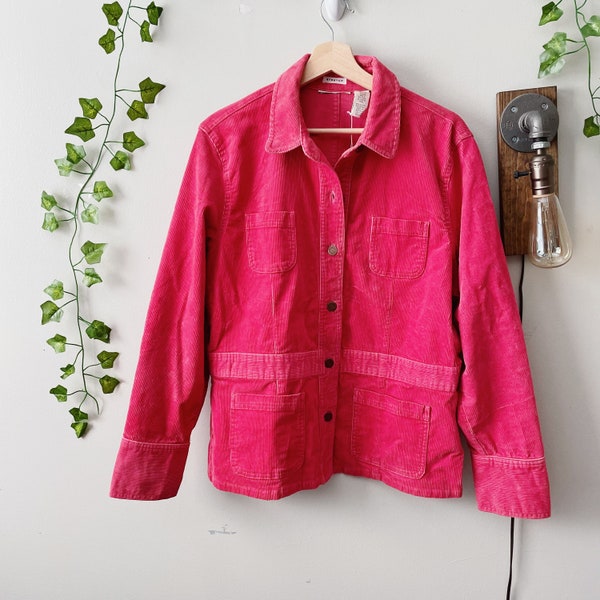 M | vintage 90s unique corduroy jacket vibrant pink red salmon size small medium oversized womens 80s 70s grandma vibe