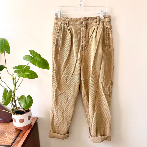 29/30” | vintage 90s tan wide wale corduroy pants high waisted high rise womens pleated pleats tapered leg cord trousers