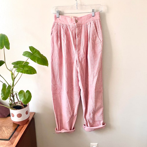 26” | vintage 90s cute corduroy pants bright pastel pink wide wale pleated pleats funky womens cord trousers