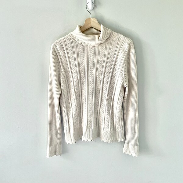 small or medium | vintage 90s mockneck turtleneck layering piece white ribbed rib material long sleeve womens blouse