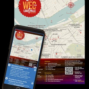 May include: A smartphone displaying a map of Louisville, Kentucky with markers for various locations. The map shows the location of the Churchill Downs racetrack, the Mellwood Art Center, and other points of interest. The phone also displays a QR code for the HipMaps app, which provides information about local businesses and attractions.