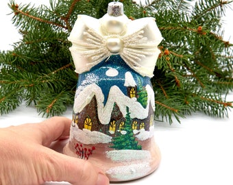 Large BELL GLASS ORNAMENT, Hand painted Bell Shaped Christmas Decoration, Winterland Glass Ornament