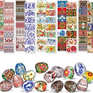 May include: A collection of 12 hand-painted Easter eggs with various designs. The eggs feature floral patterns, religious icons, and traditional folk art motifs. The eggs are a vibrant mix of colors, including red, blue, green, yellow, and white.