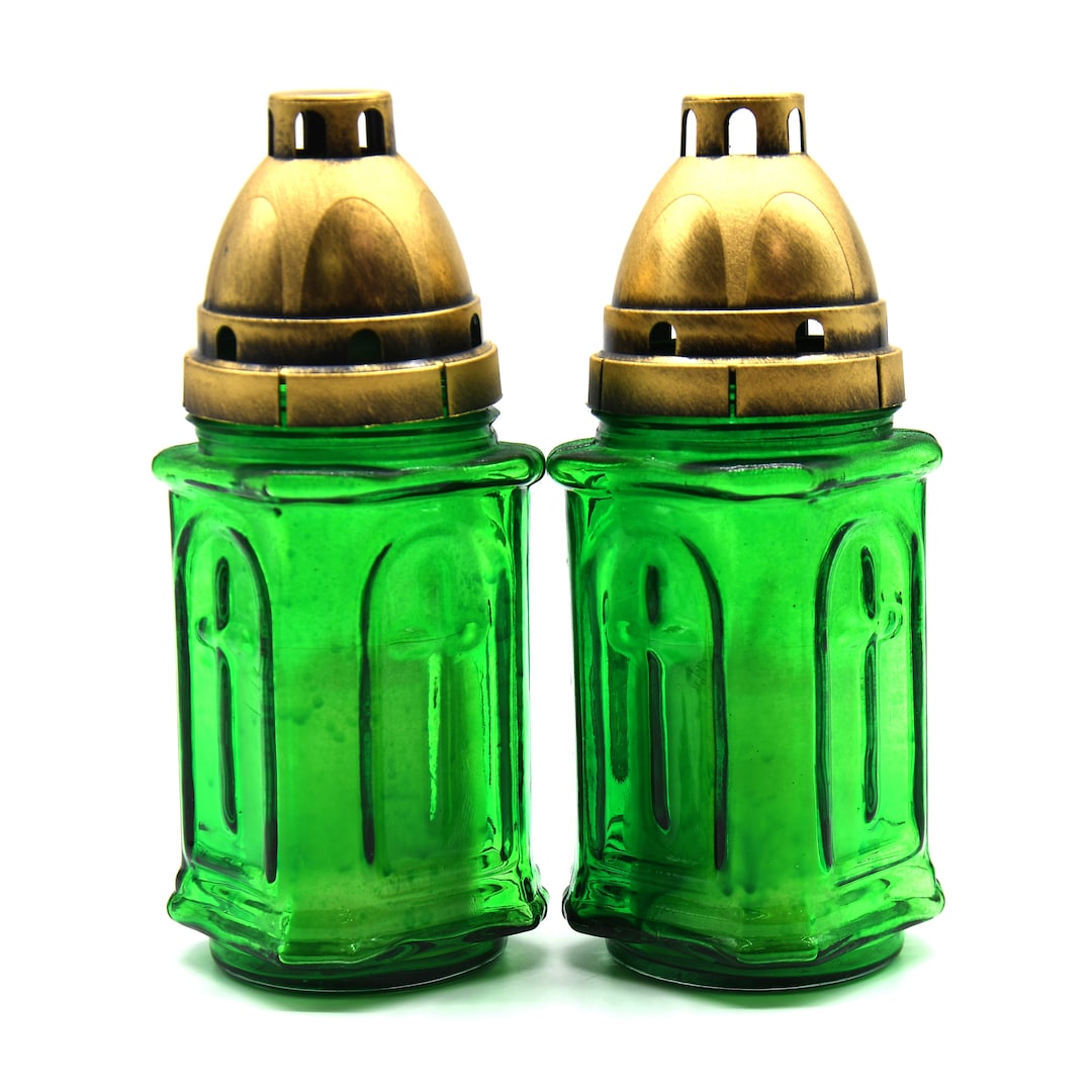 Polish ZNICZ CEMETERY Glass CANDLE Holder 8.25 Tall Green/yellow Grave