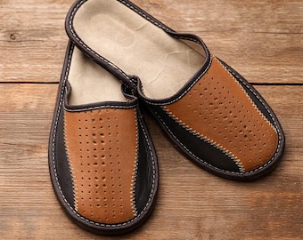 Handmade Leather Men's Slippers, Traditional Polish Home Shoes, Closed Toe Brown