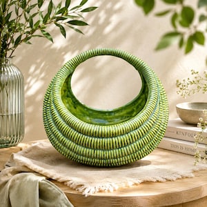 Handmade Green Ceramic Basket | Decorative Fruit Basket | Food Safe Pottery Basket | Rustic Farmhouse Kitchen Decor | Flower Basket