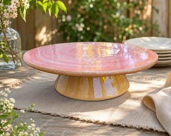 Large Handmade Cake Stand, Pink Ceramic Cake Pedestal, Pottery Dessert Stand Serving Plate, Cupcake Display, Artisan Kitchen Decor