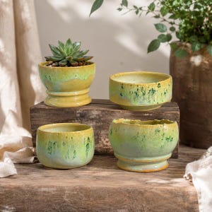 May include: A collection of four ceramic planters featuring a reactive glaze in shades of lime green, yellow, and teal. Two planters have a pedestal base, while the other two are cylindrical bowls. One pedestal planter contains a green succulent.
