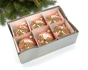 Glass Christmas Tree Ornaments - 80mm/3.15" (Set of 6) Decorated Balls from Christmas, Pink Ornament with Leaves, Hanging Holiday Ornaments