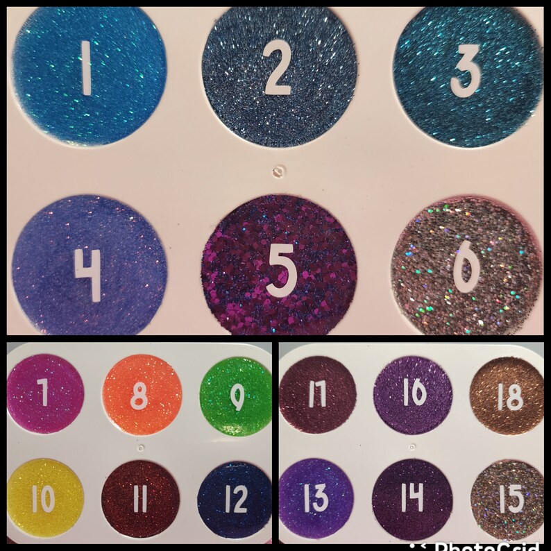 May include: A close-up of a palette of 18 different glitter colors. The colors are arranged in a grid of 3 rows and 6 columns. The glitter is in small, round containers. The numbers 1 through 18 are printed on the containers.