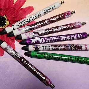 Halloween/True Crime Days of the Week Pens | Glitter Pens | PaperMate InkJoy | Adult Humor Gift | Spooky Gift