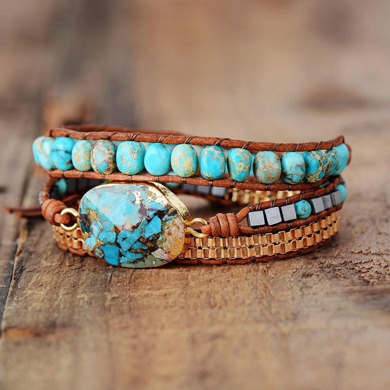 Leather Turquoise Bracelet Turquoise Gemstone Bracelet Natural Etsy