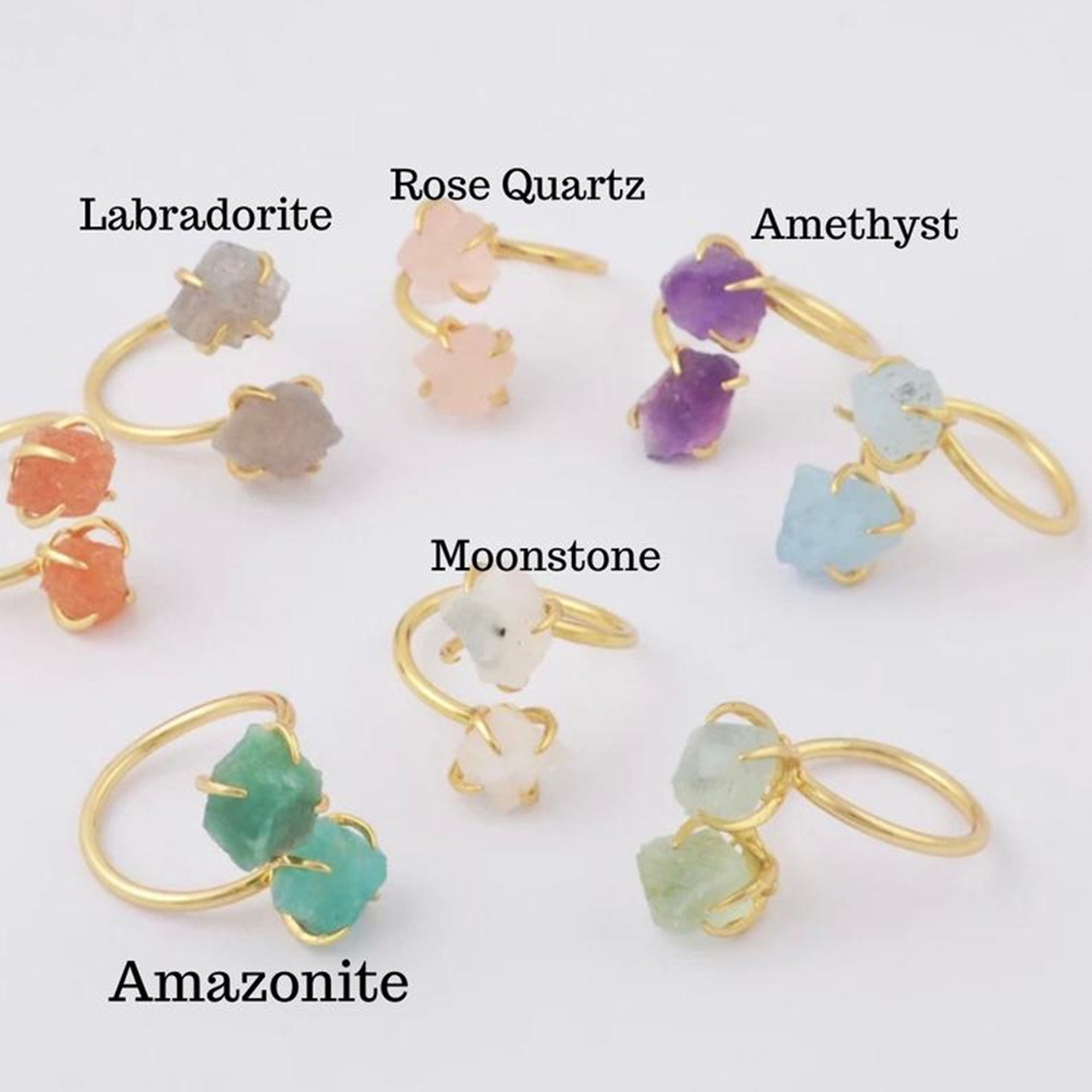 Wrap around genuine gemstone crystal ring rose quartz, labradorite, m…