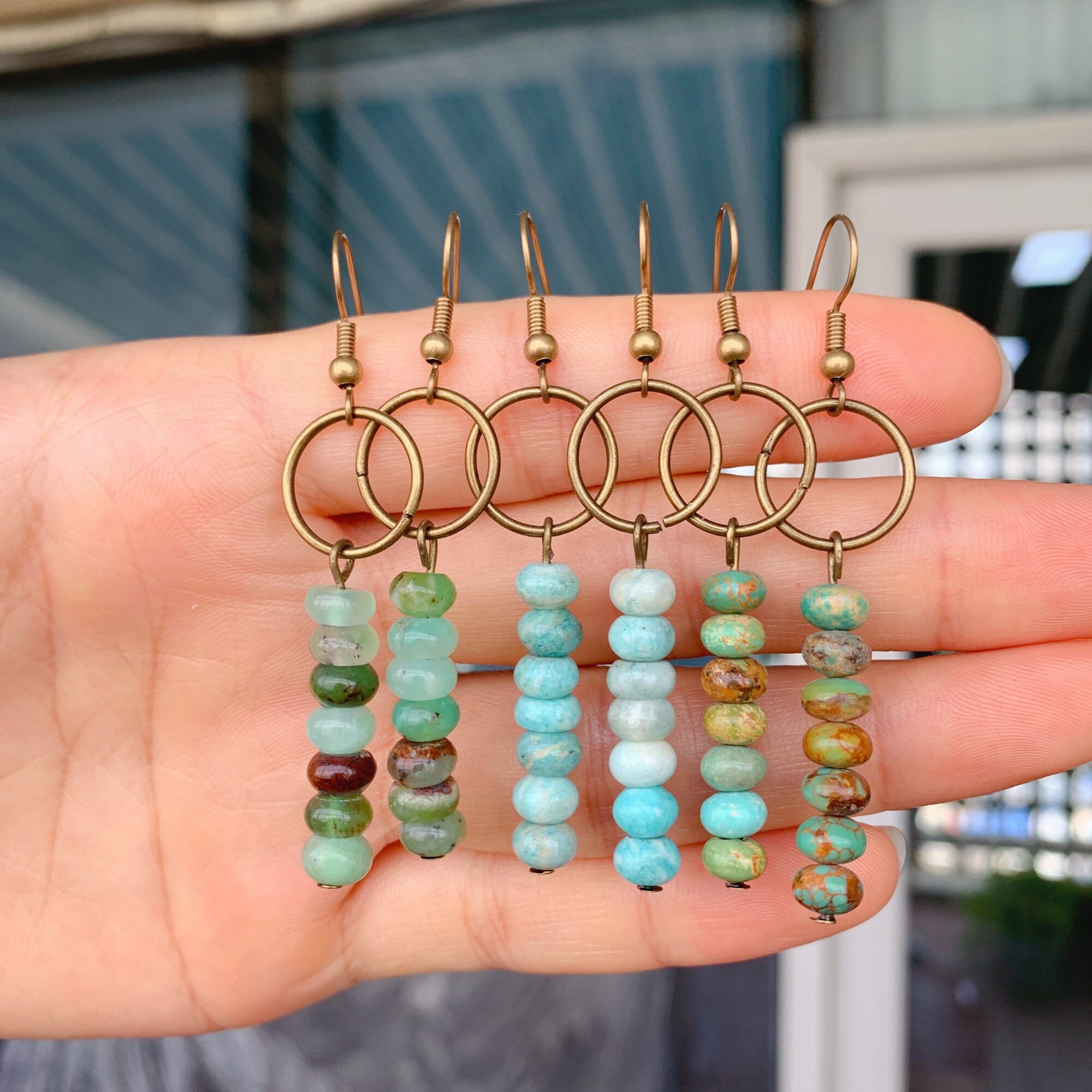 Vintage Brass Bohemian Jasper Dangle Earrings, Picture Jasper Hook Ea…