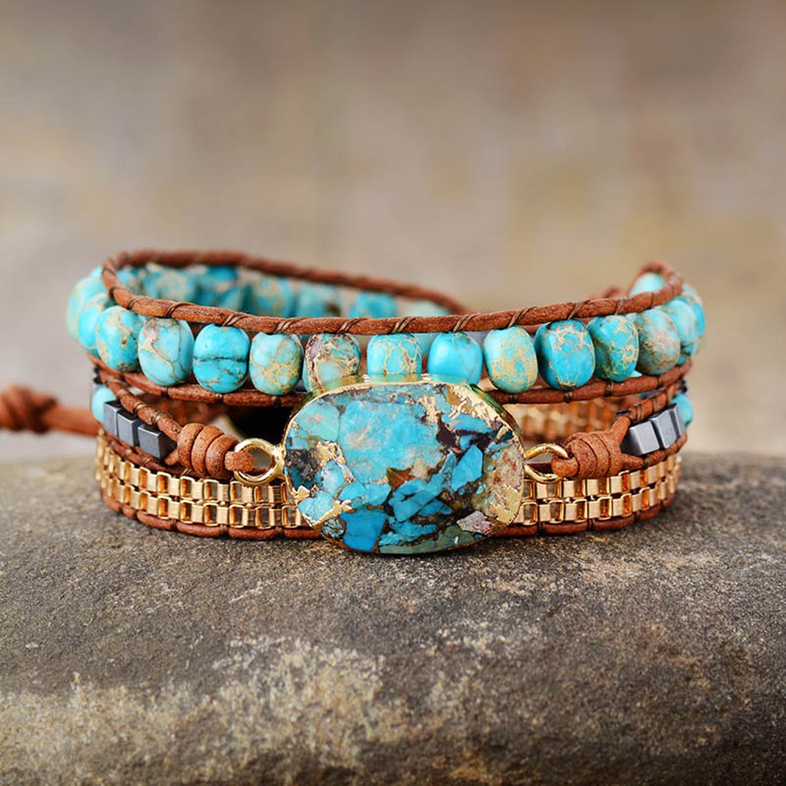 Leather Turquoise Bracelet-Turquoise Gemstone Bracelet-Natural | Etsy