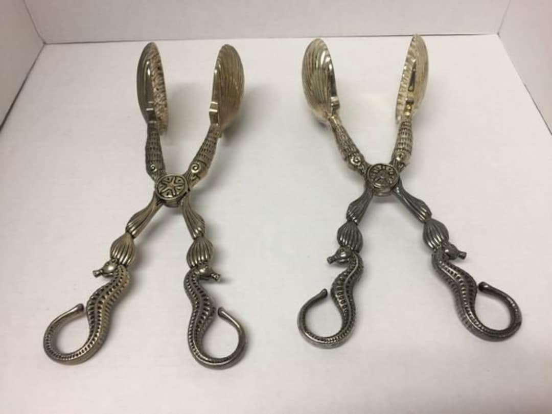Vintage Silver Plated Tongs Set of 2 Seahorse Clamshell Etsy