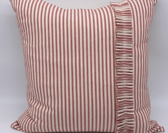 Red Ticking Pillow Cover with Front Ruffle