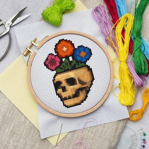 Skull Flower Pot Cross Stitch Pattern PDF – Gothic Cute Embroidery, Halloween Decor, Day of the Dead Stitch, Instant Download