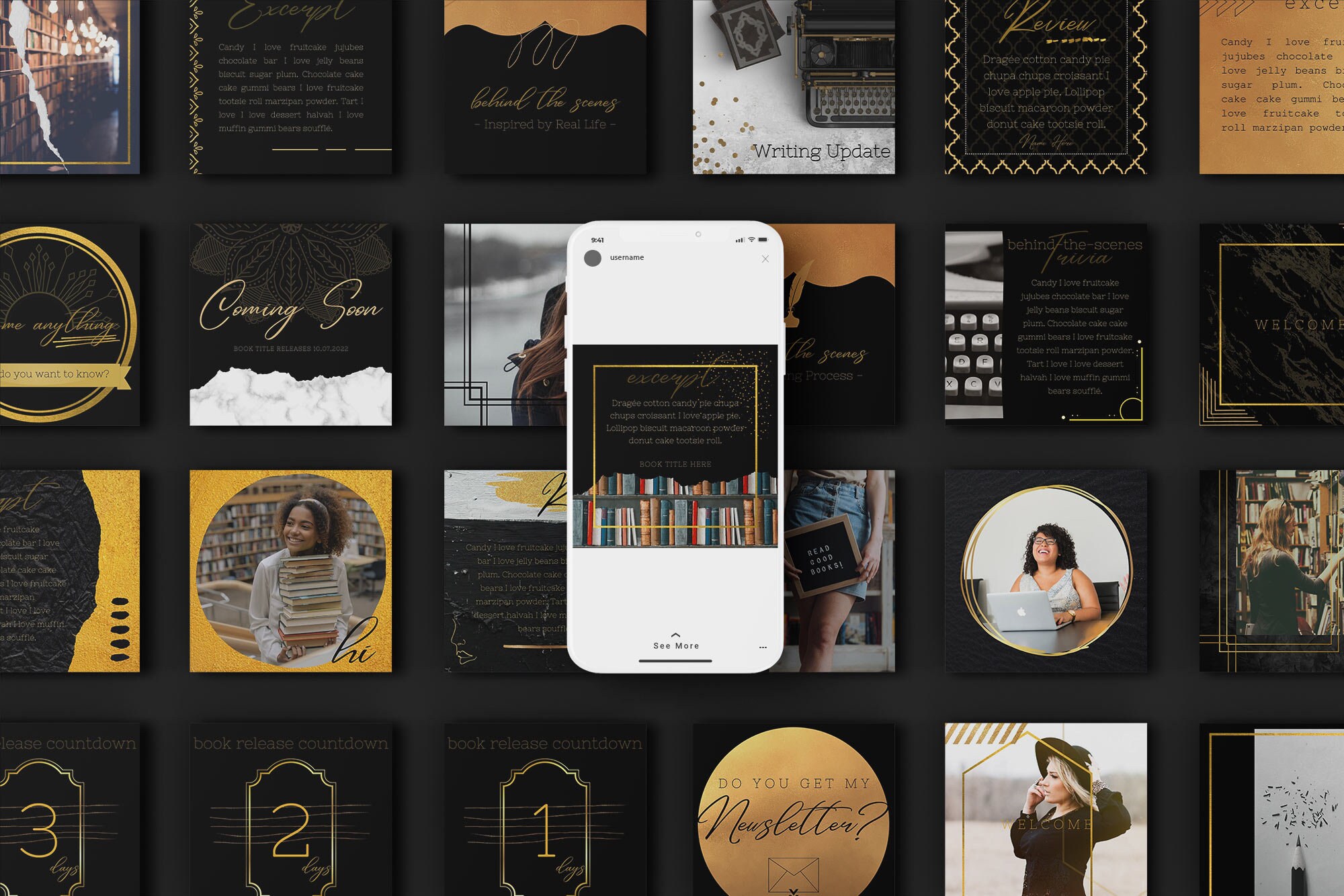 40 Instagram Post Canva Templates for Authors - Black & Gold - Etsy