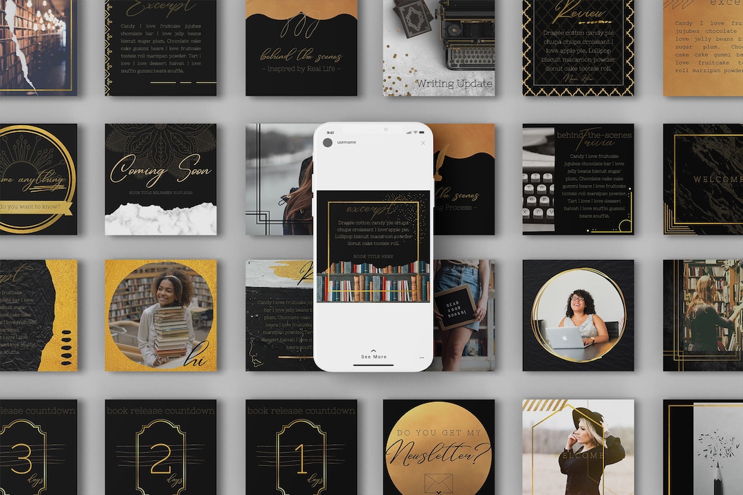 40 Instagram Post Canva Templates for Authors - Black & Gold - Etsy
